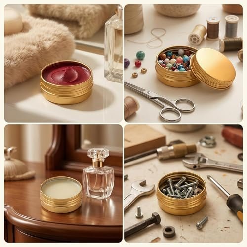 LJY 24-Pack 0.5oz Aluminum Tins with Screw Lids in Clear Storage Case, 15ml Round Empty Metal Containers for Lip Balm,Salves,Spices,Crafts, Small Cosmetic Sample Jars,Mini Candle Tins (Gold)