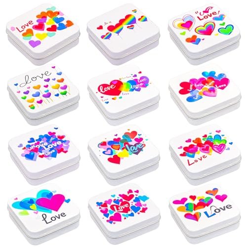 LJY 12 Pack Love Heart Image Pattern Empty Square Metal Storage Organizer Tins Mini Gift Boxes with Hinged Lids, 2.76 x 2.76 x 0.79 inch