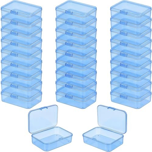 LJY 28 Pieces Rectangular Empty Mini Clear Plastic Organizer Storage Box Containers with Hinged Lids (3.3 x 2.2 x 1 inch, Blue)