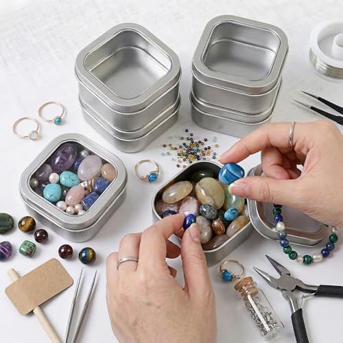 LJY Empty 8-Ounce Capacity Square Silver Metal Tins with Clear Window for Candle Making, Candies, Gifts & Treasures (6 Pack) (Silver, 2.95"x2.95"x1.89")