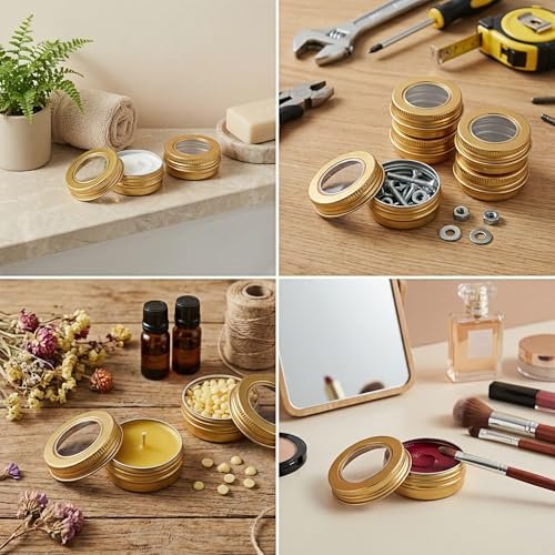 LJY 24-Pack 0.5oz Aluminum Tins with Screw Lids in Clear Storage Case, 15ml Round Empty Metal Containers for Lip Balm,Salves,Spices,Crafts, Small Cosmetic Sample Jars,Mini Candle Tins (Gold Clear Lid)