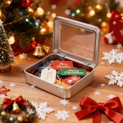 LJY 12 Pack Empty Rectangular Metal Storage Organizer Tins with Clear Window Hinged Lids for Small Items and Other Craft Projects, 4.5 x 3.3 x 0.9 inch (Silver)