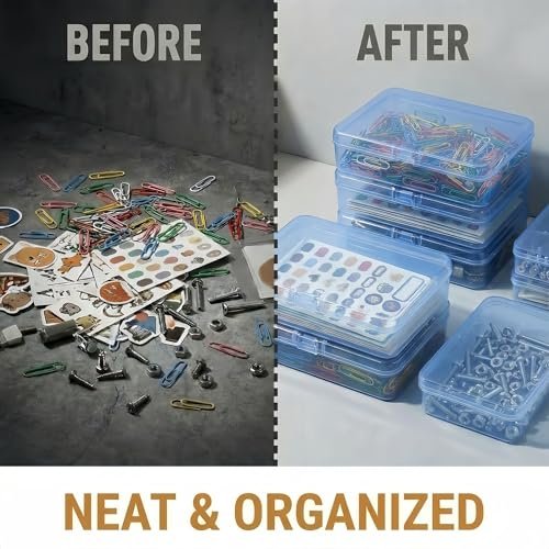 LJY 12 Pieces Rectangular Empty Mini Clear Plastic Organizer Storage Box Containers with Hinged Lids (4.5 x 3.3 x 1.1 inch, Blue)
