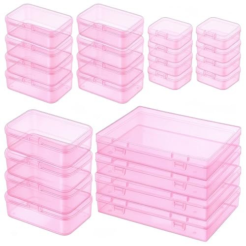 LJY 24-Piece Multi-Size Plastic Storage Containers with Lids, Small Craft Organizers for Beads, Diamond Art,Small Parts,Jewelry and Hardware, Stackable Hinged Box Set (Pink)