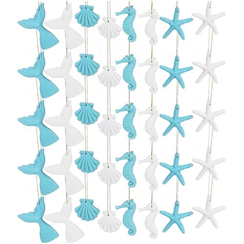 40 Pieces Ocean Themed Hanging Resin Seashells Ornaments for Summer Party Beach Wedding Christmas Tree Home Decor & DIY Craft Projects (White + Blue)