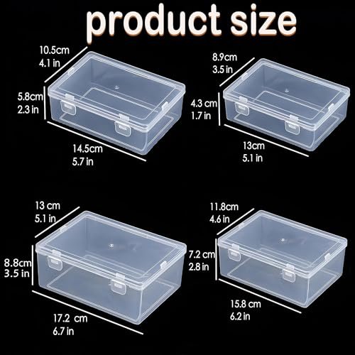 LJY 8-Piece Large Storage Container Set, Clear Plastic Organizer Boxes with Hinged Lids, 4 Assorted Sizes for Crafts, Hardware, Nail Art Accessories, and Beads, Stackable Nesting Bins