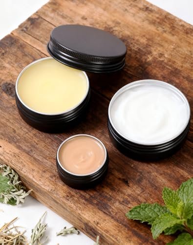 LJY Aluminum Tin Jar Refillable Containers Round Tin Container Bottle for DIY Projects,Gifts,Cosmetic,Cream,Diamond Balm Candle Salve Lip Balm Tins(Black, 48 Pcs 2oz/1oz/0.5oz)