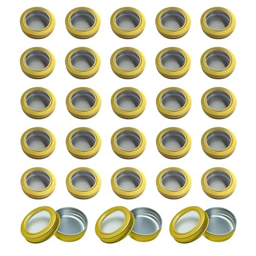 LJY 28 Pack 1 oz Aluminum Tins with Gold Clear Lids - See-Through Luxury Empty Containers for Wax Melts, Cosmetics, DIY Crafts & Display Storage,Refillable Does Not Rust
