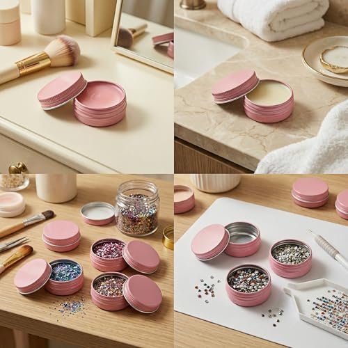 LJY 24-Pack 0.5oz Aluminum Tins with Screw Lids in Clear Storage Case, 15ml Round Empty Metal Containers for Lip Balm,Salves,Spices,Crafts, Small Cosmetic Sample Jars,Mini Candle Tins (Pink)