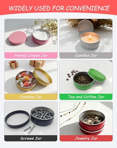 LJY 24 Pieces Multi-Colored Round Aluminum Cans Screw Lid Metal Tins Jars Empty Slip Slide Containers(2 oz) for Lotion Bars,Toiletries,Creams,Samples,Makeup Cosmetic,Balms,Beard Balm