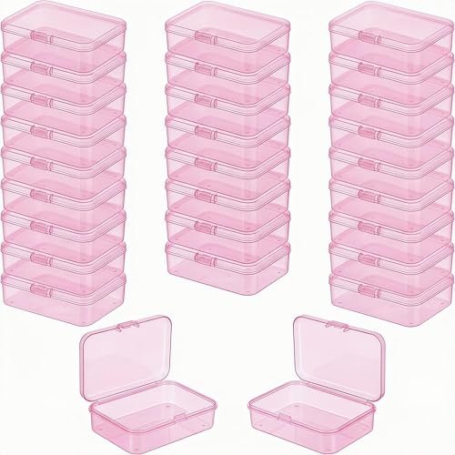 LJY 28 Pieces Rectangular Empty Mini Clear Plastic Organizer Storage Box Containers with Hinged Lids (3.3 x 2.2 x 1 inch, Pink)