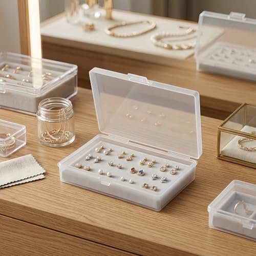 LJY 12 Pieces Rectangular Empty Mini Clear Plastic Organizer Storage Box Containers with Hinged Lids (5.3 x 3.1 x 1.2 inch, Transparent)