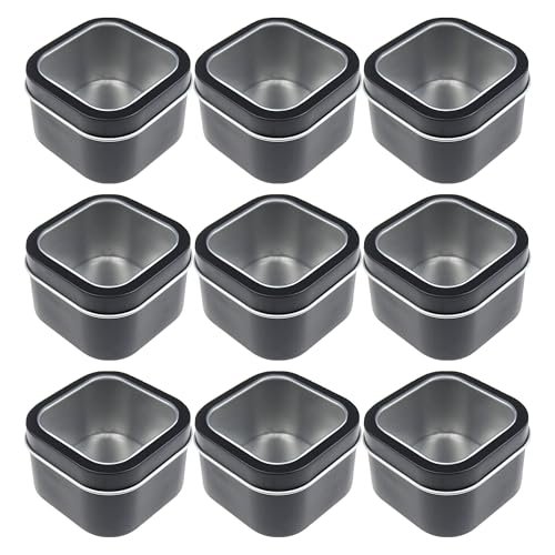 LJY Empty 4-Ounce Square Silver Metal Tins with Clear Window for Candle Making, Candies, Gifts & Treasures (9 Pack) (Black, 2.56"x2.56"x1.5")