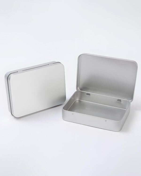 LJY 12-Pack Rectangular Metal Empty Tins, Mini Storage Organizer Boxes with Secure Hinged Lids, Suitable for Crafts, Jewelry, Beads, Office Supplies DIY, Blank Containers 4.5x3.3x0.9 Inch (Silver)