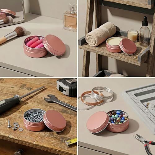 LJY 24-Pack 0.5oz Aluminum Tins with Screw Lids in Clear Storage Case, 15ml Round Empty Metal Containers for Lip Balm,Salves,Spices,Crafts, Small Cosmetic Sample Jars,Mini Candle Tins (Rose Gold)