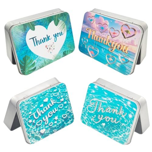 LJY 12 Pack Thank You Image Pattern Empty Rectangular Metal Storage Organizer Tins Gift Boxes with Hinged Lids, 4.5 x 3.3 x 0.9 inch