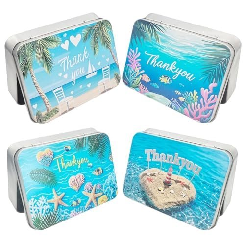 LJY 12 Pack Thank You Image Pattern Empty Rectangular Metal Storage Organizer Tins Gift Boxes with Hinged Lids, 4.5 x 3.3 x 0.9 inch