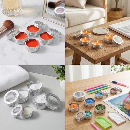 LJY Aluminum Tin Jar Refillable Containers Round Tin Container Bottle for DIY Projects,Gifts,Cosmetic,Cream,Diamond,Balms,Lip Balm (Silver Clear Lids, 48 Pcs 2oz/1oz/0.5oz)
