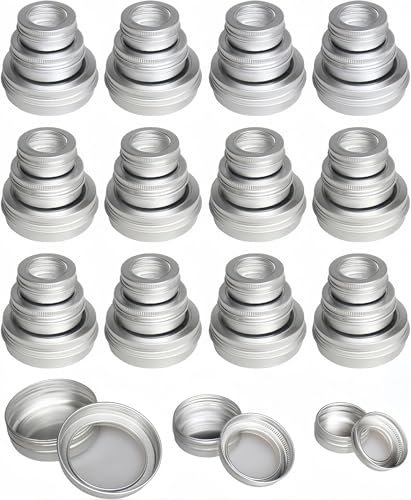 LJY Aluminum Tin Jar Refillable Containers Round Tin Container Bottle for DIY Projects,Gifts,Cosmetic,Cream,Diamond,Balms,Lip Balm (Silver Clear Lids, 48 Pcs 2oz/1oz/0.5oz)
