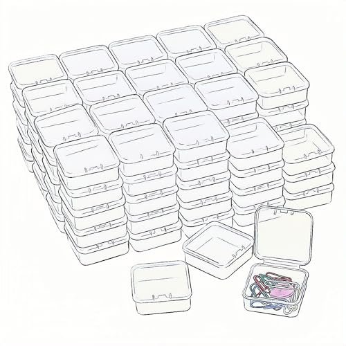 LJY 100 Pieces Square Mini Clear Plastic Storage Containers Box Case with Lids for Small Items and Other Craft Projects (1.77x1.77x0.8 inch, Transparent)