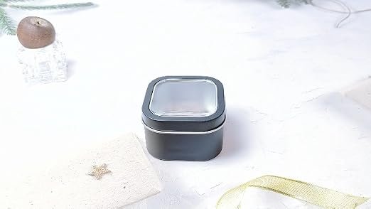 LJY Empty 8-Ounce Capacity Square Black Metal Tins with Clear Window for Candle Making,Gifts & Treasures (6 Pack) (Black, 2.95"x2.95"x1.89")