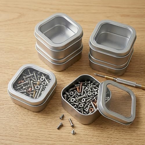 LJY Empty 8-Ounce Capacity Square Silver Metal Tins with Clear Window for Candle Making, Candies, Gifts & Treasures (6 Pack) (Silver, 2.95"x2.95"x1.89")