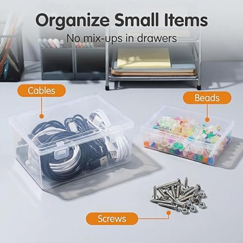 LJY 8-Piece Large Storage Container Set, Clear Plastic Organizer Boxes with Hinged Lids, 4 Assorted Sizes for Crafts, Hardware, Nail Art Accessories, and Beads, Stackable Nesting Bins