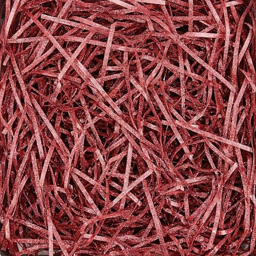 LJY Glitter Raffia Paper Shreds, 100g Crinkle Cut Filler for Gift Wrapping, Basket Filling, Wedding Decorations, Party Supplies, and DIY Crafts Shredded Confetti Strands (Glitter Wine Red)