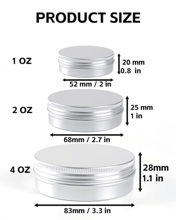 LJY 36 Pieces Round Aluminum Cans Screw Lid Metal Tins Jars Empty Slip Slide Containers, Balm Candle Salve Lip Balm Tins,4oz 2oz & 1oz Mixed Sizes