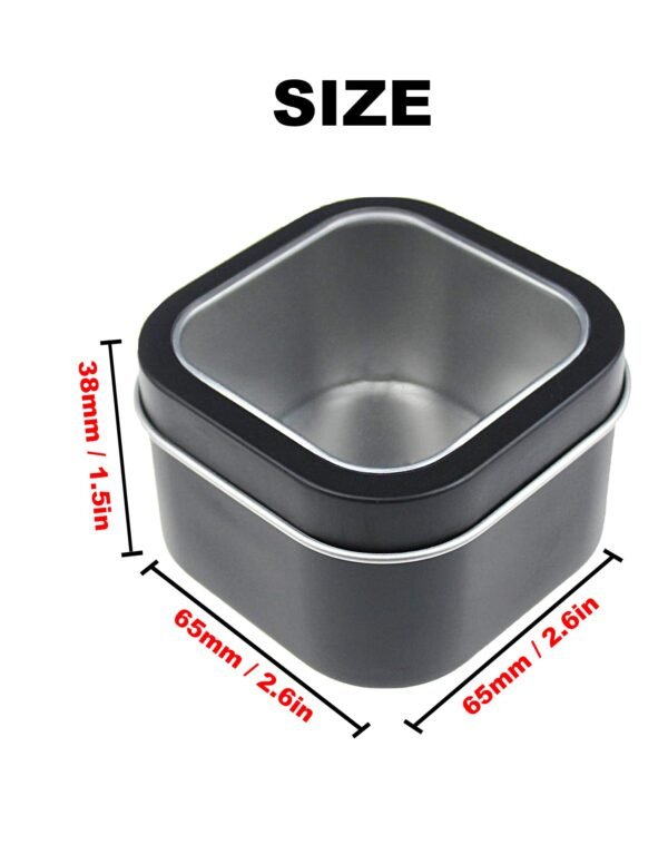 LJY Empty 4-Ounce Square Silver Metal Tins with Clear Window for Candle Making, Candies, Gifts & Treasures (9 Pack) (Black, 2.56"x2.56"x1.5")