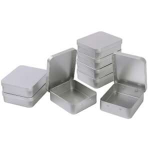 LJY 8 Pack Empty Rectangular Silver Metal Storage Organizer Tins with Hinged Lids for Candies, Gifts & Treasures (3.7 x 3.3 x 1 inch)