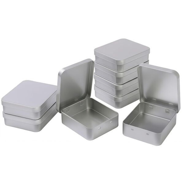 LJY 8 Pack Empty Rectangular Silver Metal Storage Organizer Tins with Hinged Lids for Candies, Gifts & Treasures (3.7 x 3.3 x 1 inch)