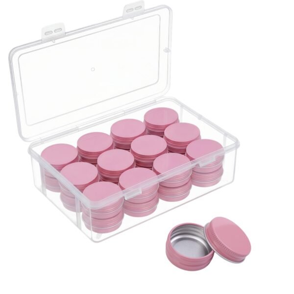 LJY 24-Pack 0.5oz Aluminum Tins with Screw Lids in Clear Storage Case, 15ml Round Empty Metal Containers for Lip Balm,Salves,Spices,Crafts, Small Cosmetic Sample Jars,Mini Candle Tins (Pink)