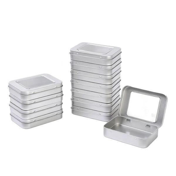 LJY 12 Pack Empty Rectangular Metal Storage Organizer Tins with Clear Window Hinged Lids for Candies, Gifts & Treasures (Silver)