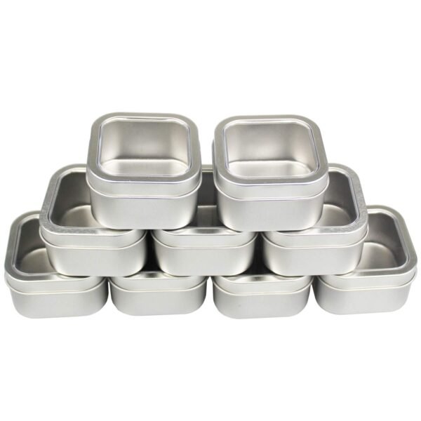 LJY Empty 4-Ounce Square Silver Metal Tins with Clear Window for Candle Making,Gifts & Treasures (9 Pack) (Silver, 2.56"x2.56"x1.5")