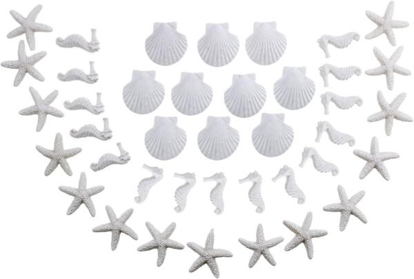 LJY 40 Pieces Mini 3cm White Resin Pencil Finger Starfish Seahorse & Seashells Set for Wedding Home Decor and Craft Project