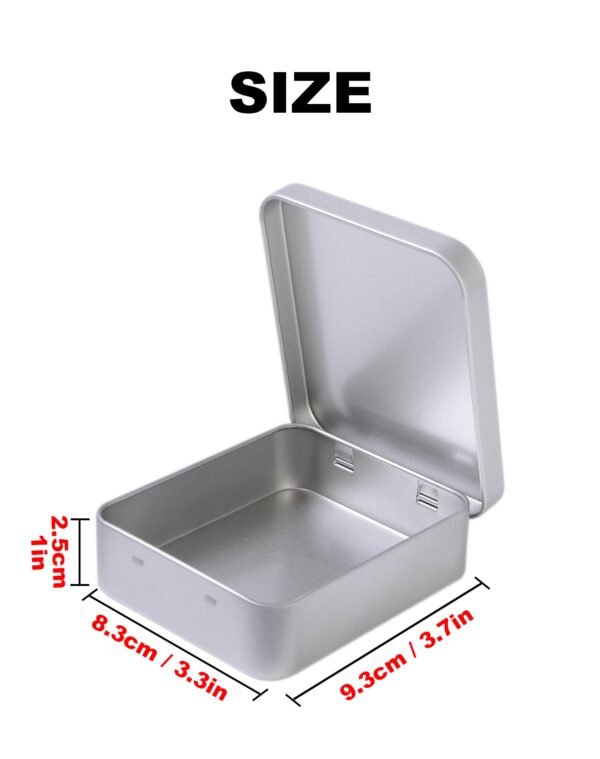 LJY 8 Pack Empty Rectangular Silver Metal Storage Organizer Tins with Hinged Lids for Candies, Gifts & Treasures (3.7 x 3.3 x 1 inch)