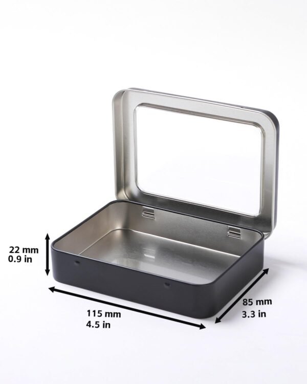 LJY 12 Pack Empty Rectangular Metal Storage Organizer Tins with Clear Window Hinged Lids for Small Items and Other Craft Projects, 4.5 x 3.3 x 0.9 inch (Black)