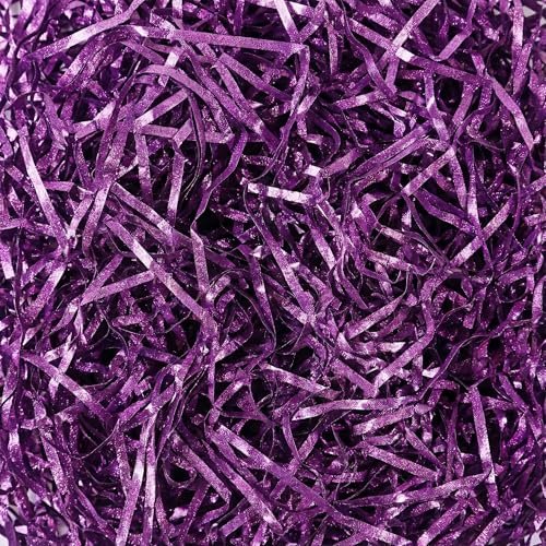 LJY Glitter Raffia Paper Shreds, 100g Crinkle Cut Filler for Gift Wrapping, Basket Filling, Wedding Decorations, Party Supplies, and DIY Crafts Shredded Confetti Strands (Glitter Purple)