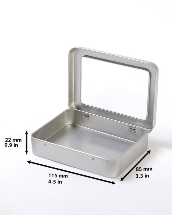 LJY 12 Pack Empty Rectangular Metal Storage Organizer Tins with Clear Window Hinged Lids for Small Items and Other Craft Projects, 4.5 x 3.3 x 0.9 inch (Silver)
