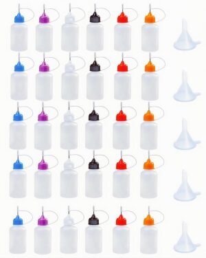 LJY Precision Applicator Bottle Set 1 Oz. - 30 Needle Tip Squeeze Bottles and 5pcs Mini Funnels for Acrylic Painting, DIY Quilling and Paper Craft