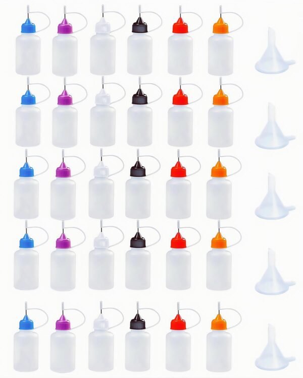 LJY Precision Applicator Bottle Set 1 Oz. - 30 Needle Tip Squeeze Bottles and 5pcs Mini Funnels for Acrylic Painting, DIY Quilling and Paper Craft