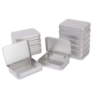 LJY 12-Pack Rectangular Metal Empty Tins, Mini Storage Organizer Boxes with Secure Hinged Lids, Suitable for Crafts, Jewelry, Beads, Office Supplies DIY, Blank Containers 4.5x3.3x0.9 Inch (Silver)