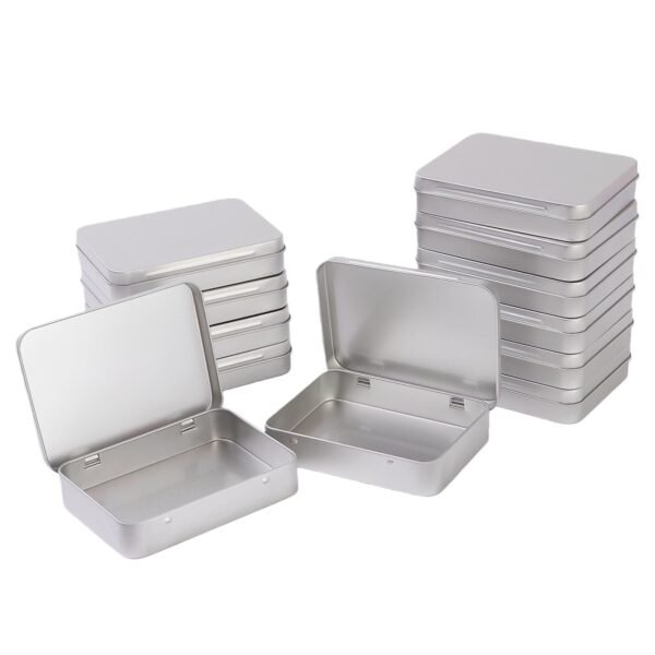LJY 12-Pack Rectangular Metal Empty Tins, Mini Storage Organizer Boxes with Secure Hinged Lids, Suitable for Crafts, Jewelry, Beads, Office Supplies DIY, Blank Containers 4.5x3.3x0.9 Inch (Silver)