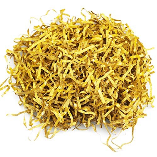 LJY Golden Glitter Raffia Paper Shreds, 100g Crinkle Cut Filler for Gift Wrapping, Basket Filling, Wedding Decorations, Party Supplies, and DIY Crafts Shredded Confetti Strands