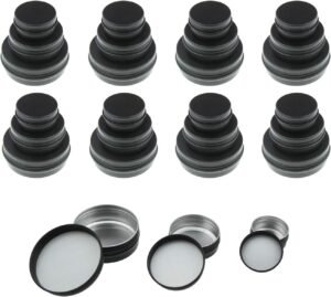LJY Aluminum Tin Jar Refillable Containers Round Tin Container Bottle for DIY Projects,Gifts,Cosmetic,Cream,Diamond Balm Candle Salve Lip Balm Tins(Black, 48 Pcs 2oz/1oz/0.5oz)