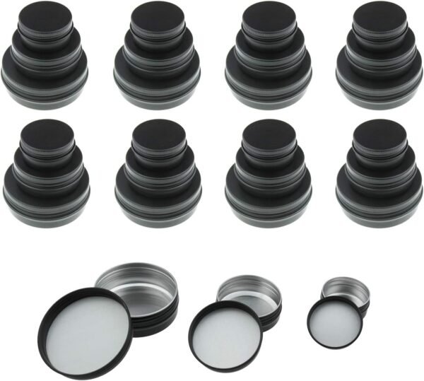 LJY Aluminum Tin Jar Refillable Containers Round Tin Container Bottle for DIY Projects,Gifts,Cosmetic,Cream,Diamond Balm Candle Salve Lip Balm Tins(Black, 48 Pcs 2oz/1oz/0.5oz)