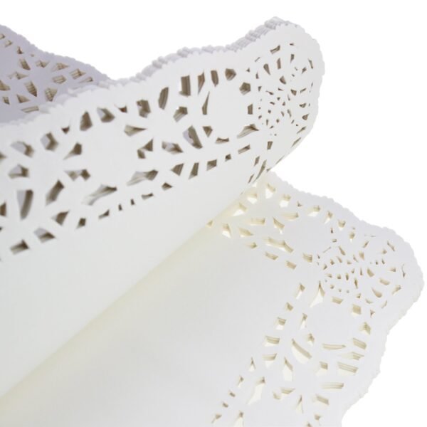 LJY 100 Pieces White Lace Rectangle Paper Doilies Packaging Pads Wedding Tableware Decoration (12" x 16")