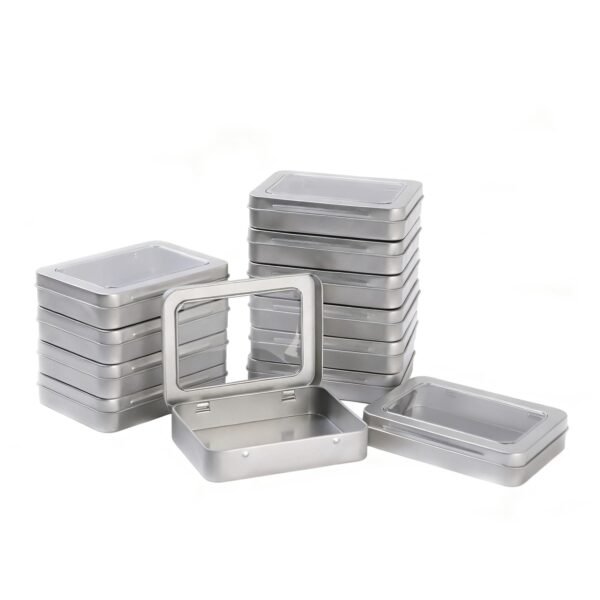 LJY 12 Pack Empty Rectangular Metal Storage Organizer Tins with Clear Window Hinged Lids for Small Items and Other Craft Projects, 4.5 x 3.3 x 0.9 inch (Silver)