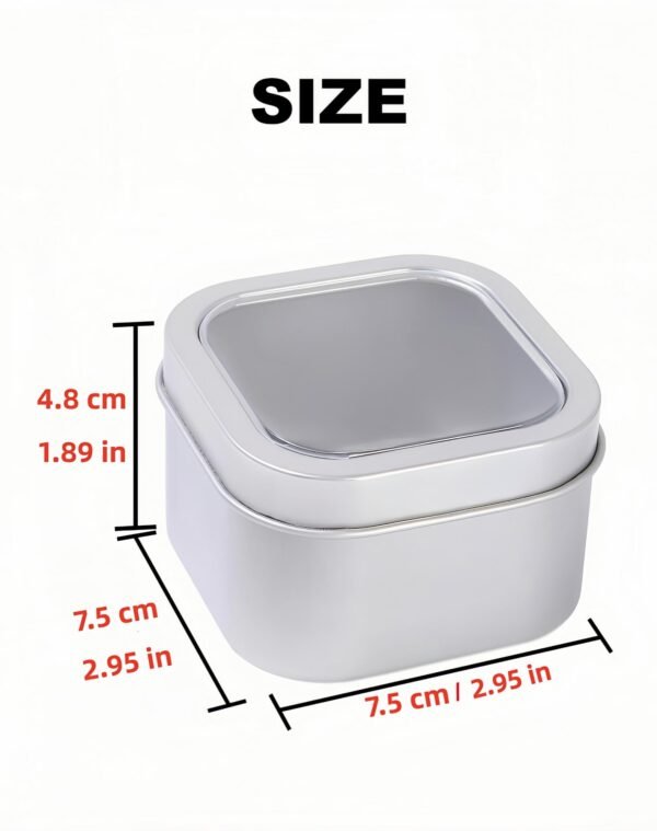 LJY Empty 8-Ounce Capacity Square Silver Metal Tins with Clear Window for Candle Making, Candies, Gifts & Treasures (6 Pack) (Silver, 2.95"x2.95"x1.89")